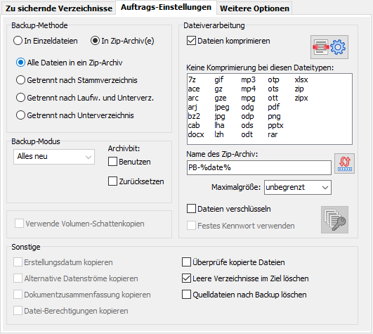 Einstellungen Zip